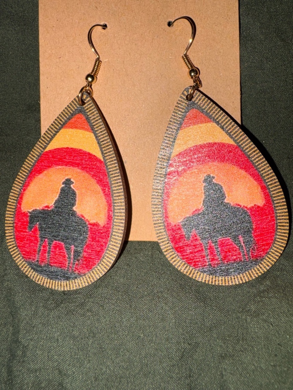 Sunset Cowboy Teardrop Wooden Earrings - Red, Orange, Black